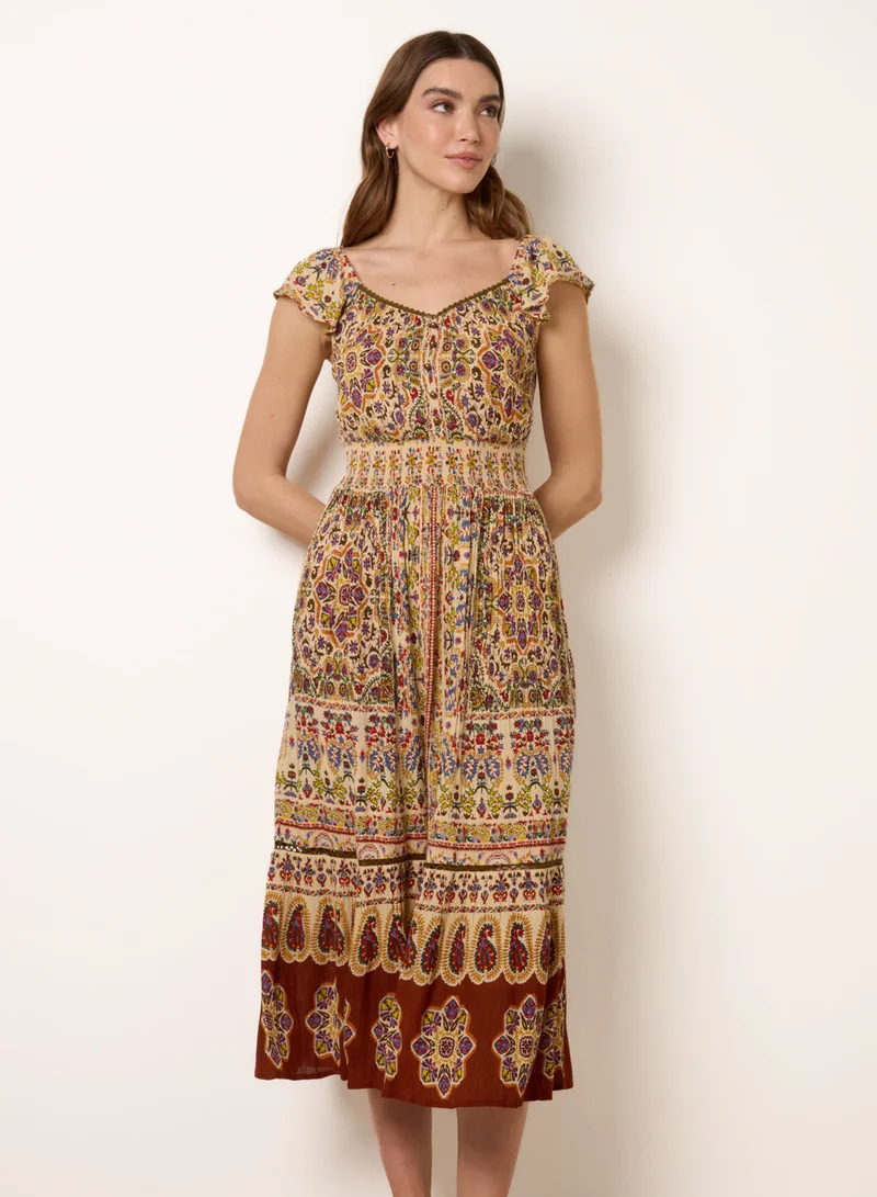 بلو فانيلا V Neck Embroidery Trim Paisley Maxi Dress
